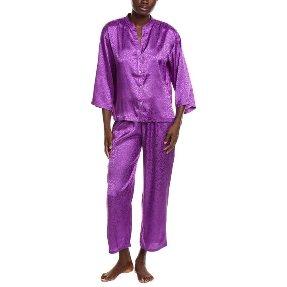 N Natori Womens 2Pc Wilderness Satin Jacquard Button Down Pajama Set, Purple
